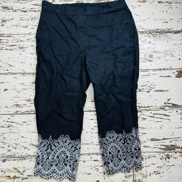 Chico's Pull On Embroidery Linen Crop Pants Black White Size 2 or U.S. 12 Resort - Picture 11 of 11